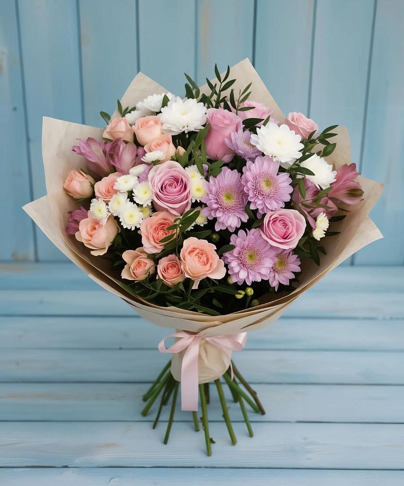Букет цветов из: Хризантемы, Розы и Альстромерии в Барсово