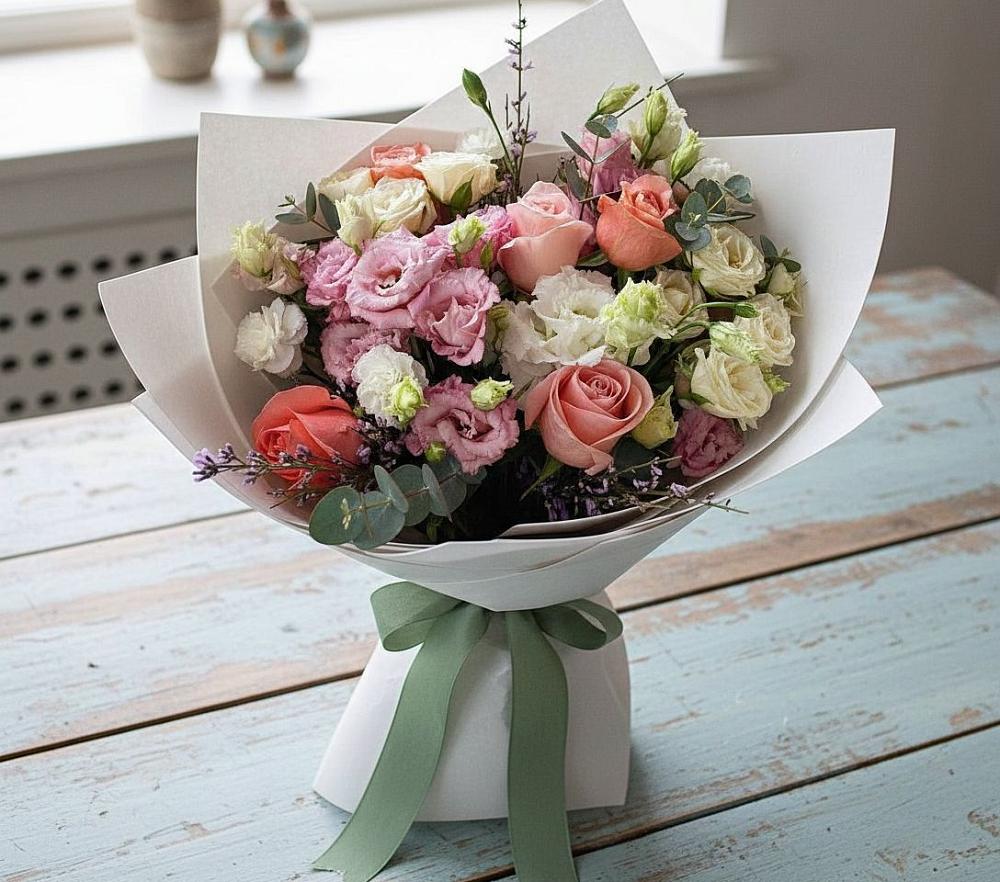 Букет цветов из: Розы, Лизиантусы и Гвоздики в Барсово