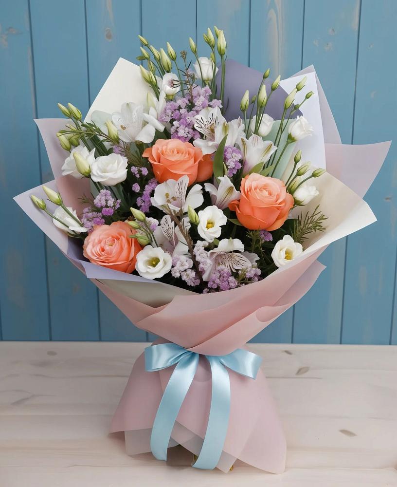 Букет цветов из: Лизиантусы, Розы, Альстромерии и Гипсофила в Барсово