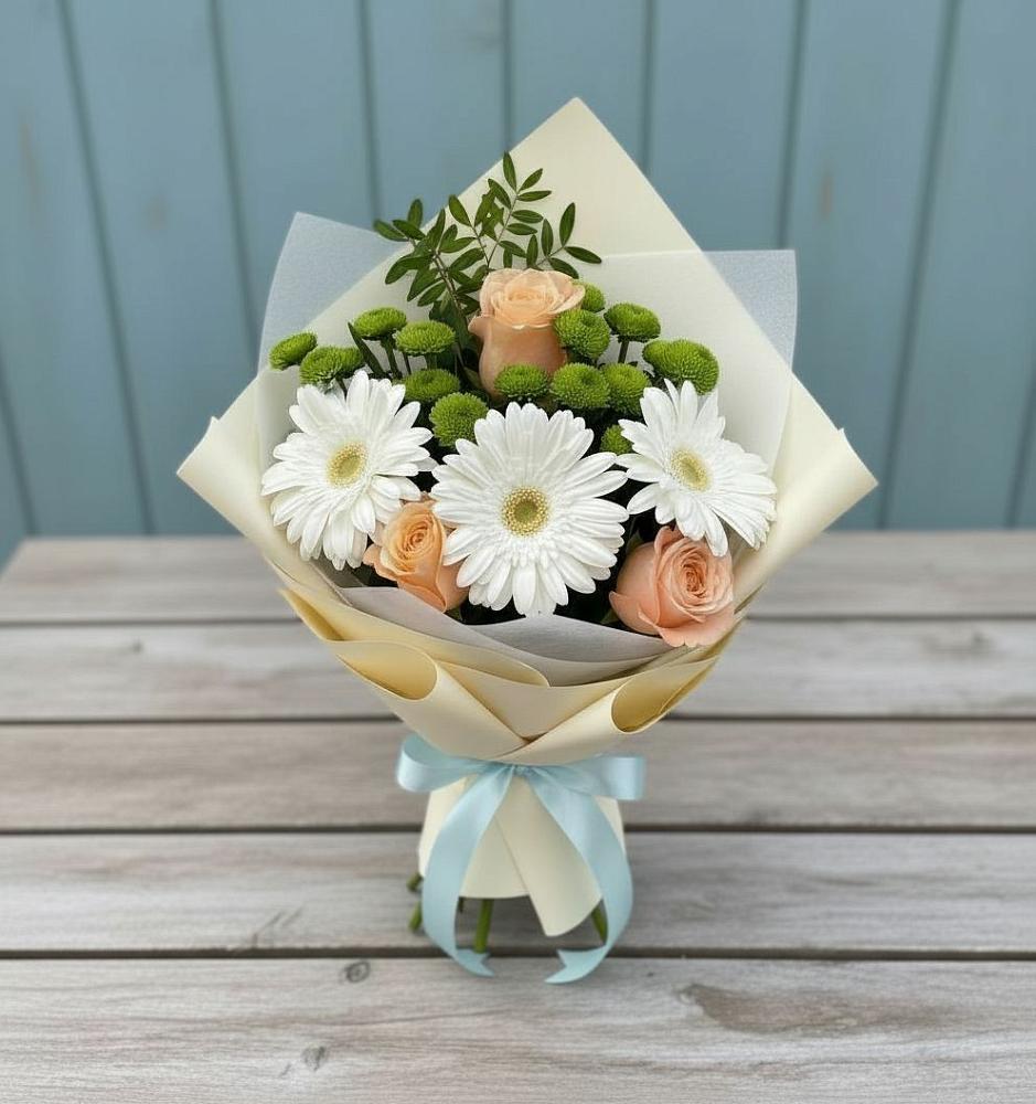 Букет цветов из: Герберы, Розы и Хризантемы в Барсово